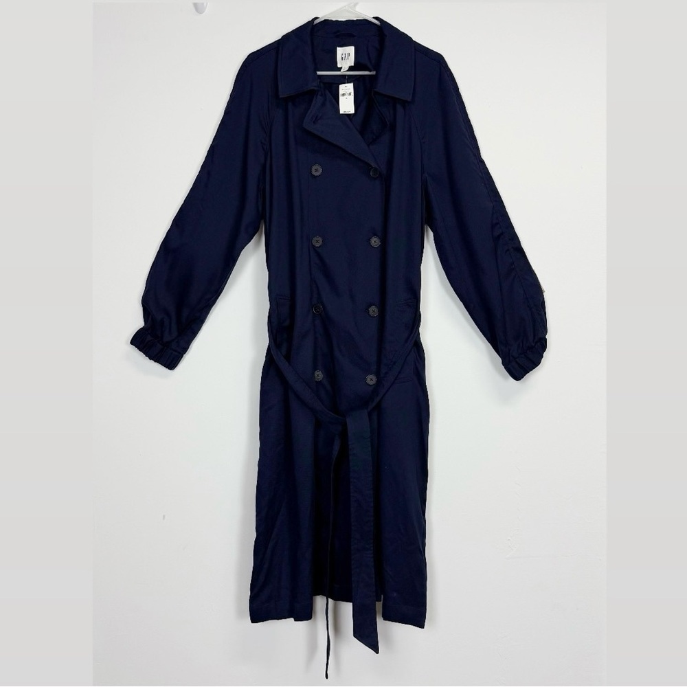 Gap Drape Trench Coat Womens XL Navy Blue Double Breasted Belted Lyocell NWT